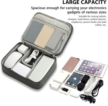 Органайзер для кабелів Neusid: водонепроникна сумка-організатор для подорожей, 3 відділення, для USB-кабелів, Power Bank, сірий