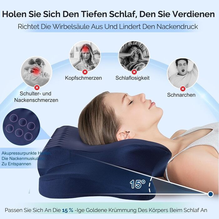 Подушка для шиї FAIORD, подушка з піною з пам'яті, ергономічна подушка для шиї, подушка для сну на боці, на спині та на животі (Темно-синій, 64 x 39 x 13 см)