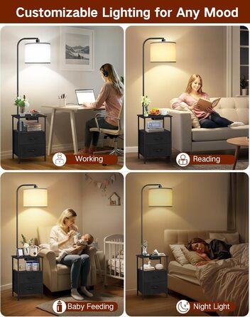 Стельова лампа для вітальні з тумбою та полицею, регульована LED, з пультом, 3 колірні температури, приліжкова тумба з зарядкою та полицею, дерев'яний столик для спальні/офісу (чорний з шухлядами)