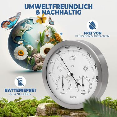MAVORI® Weather Station Analog - 3in1 Barometer, Hygrometer & Thermometer for indoor and outdoor use - Ø 13.5cm stainless steel frame with acrylic glass in a modern design - Includes thermometer & hygrometer