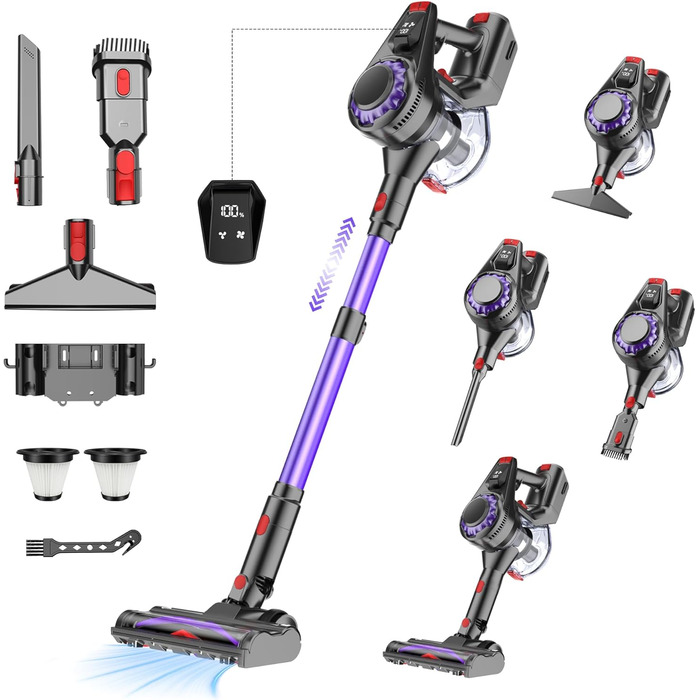 Бездротовий акумуляторний пилосос 450W, 40KPa, без мішка з HEPA-фільтром та LED-дисплеєм, антизаплутана щітка, самостійна підставка з кріпленням на стіну, час роботи 50 хв, для килимів, твердих підлог, шерсті тварин та авто