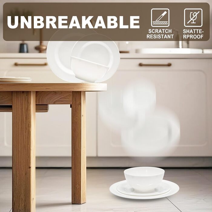 Набір посуду 36 предметів – незламний, легкий, з 26 oz мисками, десертними та обідніми тарілками, придатний для миття в посудомийній машині, багаторазовий, подарунок для дому, для щоденного використання, білий (набір з 6 комплектів)