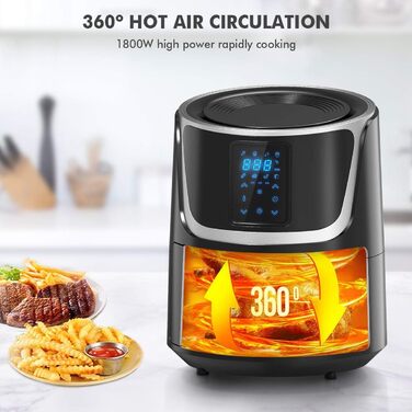 Фритюрниця VECATECH Heißluft XXL 5.5л з цифровим сенсорним екраном, 8 програмами та 1800W - безмасляна фритюрниця для здорового харчування