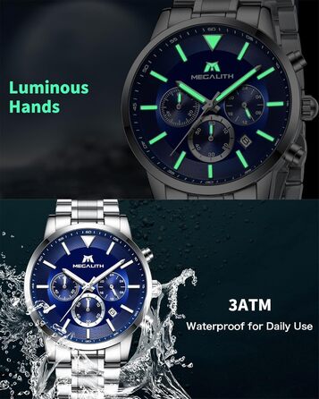 Чоловічий годинник MEGALITH з нержавіючої сталі, хронограф, водонепроникний, з великим циферблатом, датою, для роботи та відпочинку. Стильний подарунок для чоловіків (8345 Silver Blue)