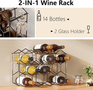 Urban Deco Wine Rack for 14 Bottles made of Metal, Bottle Rack Black with 2 Hooks for 2 Wine Glasses, Small Wine Rack for Kitchen, 43 x 13.6 x 31 cm