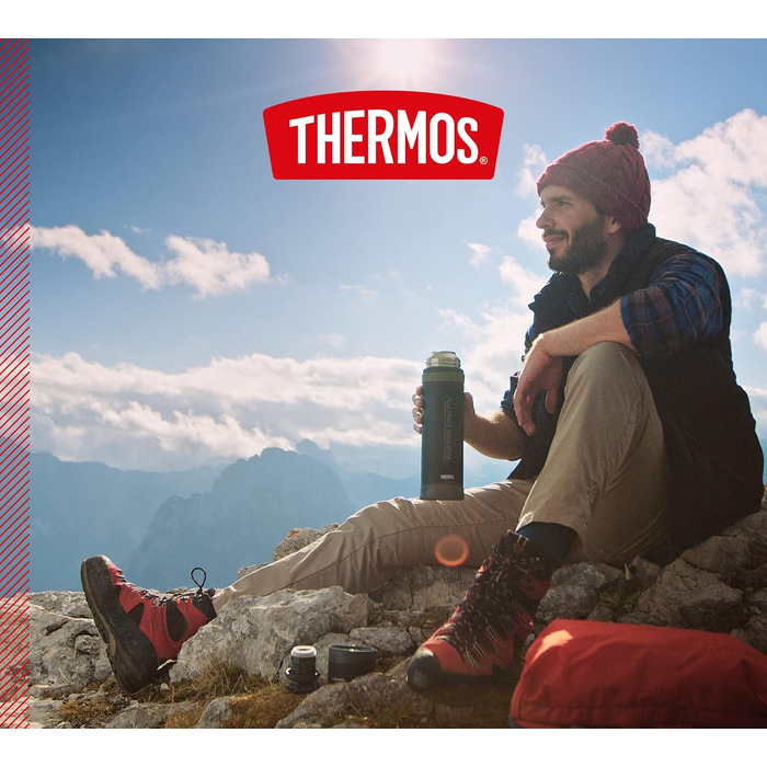 THERMOS MOUNTAIN BEVERAGE BOTTLE 0.9L, Black, Stainless Steel Thermos Flask with Drinking Cup, 24h Hot / 24h Cold, Lightweight Outdoor Bottle, Robust, Disassemblable Lid, BPA-Free