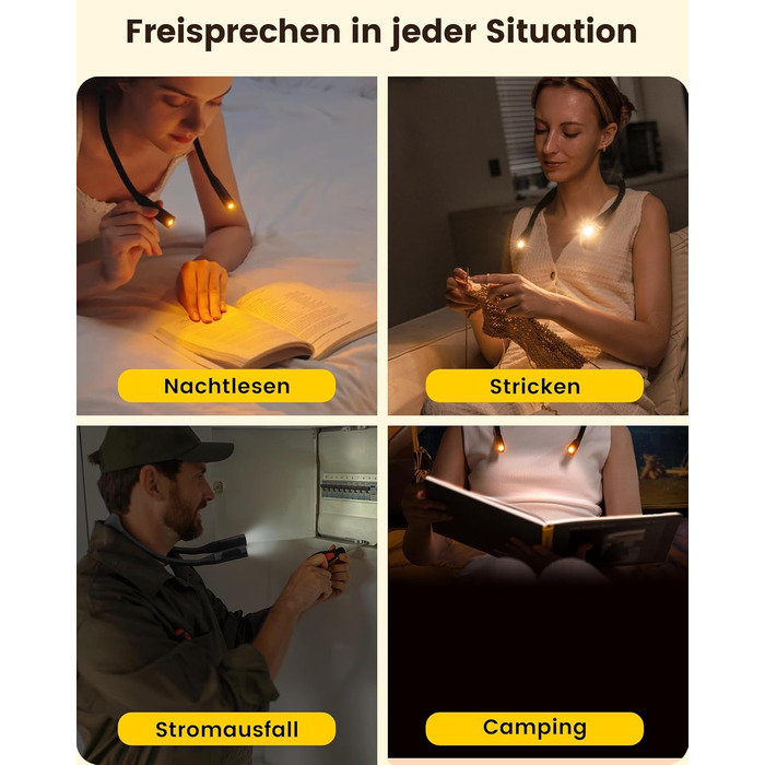 Glocusent Лампа для читання на шиї з 100 годин освітлення, захищає зір | Регульована колірна температура та 5 рівнів яскравості, легка лампа для ліжка, шиття, ремонту