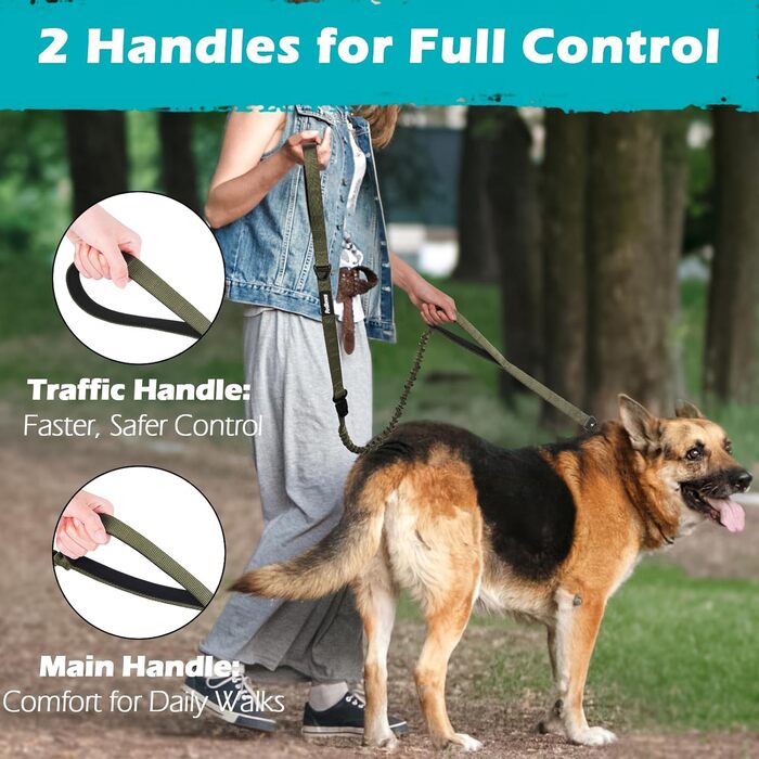 Тактична повідок для собак PetBonus Heavy Duty, 1,5м, еластична, з 2 зручними ручками, фіксатор для авто, No Pull для дресування великих та середніх собак (армійний зелений)