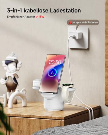 Бездротова зарядка SwanScout 3-в-1 для Samsung Galaxy S25 Ultra, S24, S23, Z Flip 7, Z Fold 7, Galaxy Watch 8/Ultra/7/6/5, Buds (без адаптера) біла