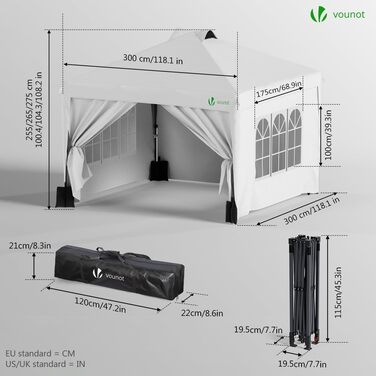 VOUNOT® 3x3m (approx. 10x10ft) Gazebo, Waterproof, Stable, Winter-Proof, Pop-Up Folding Gazebo with 4 Side Walls and 3 Sandbags, Foldable Party Tent, Garden Tent, Garden Gazebo incl. Bag, Green (pop up gazebo white)