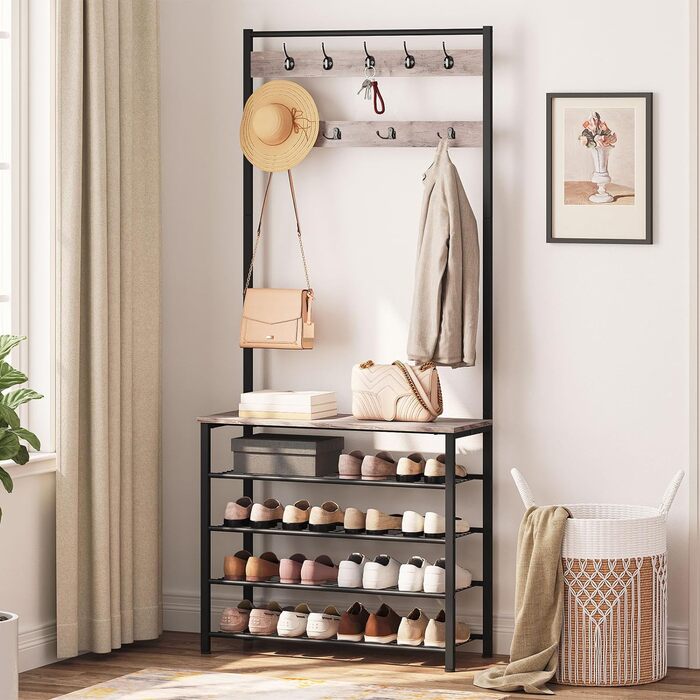 HOOBRO Coat Rack, Shoe Shelf with Coat Rack, Clothes Rack with Shoe Storage, Shoe Cabinet with 5 Shelves, for Entryway, Dark Brown EBF80MT01G2 (Greige + Black)