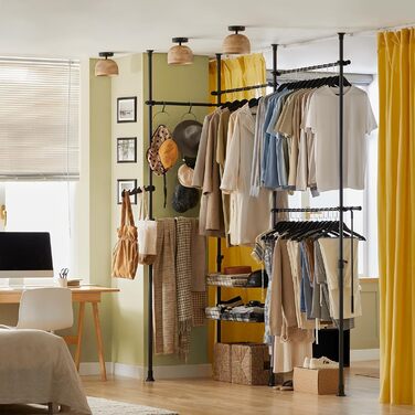 SoBuy KLS04-SCH Telescopic Rod Clothes Rack with 5 Clothes Rails and 2 Baskets Telescopic Wardrobe System Adjustable Shelving System B (209-311) x (200-285) cm