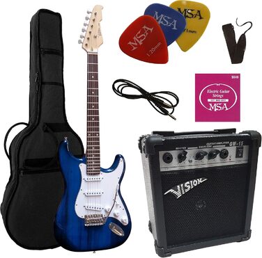 Електрогітара темно-синього кольору прозора - комплект з підсилювачем 20W, чохол, ремінь, струни, 3 медіатори