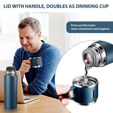 500ml Stainless Steel Thermos Flask with Cup and Handle - Leakproof Vacuum Insulated Travel Bottle for Kids, Sports (Black & Blue)