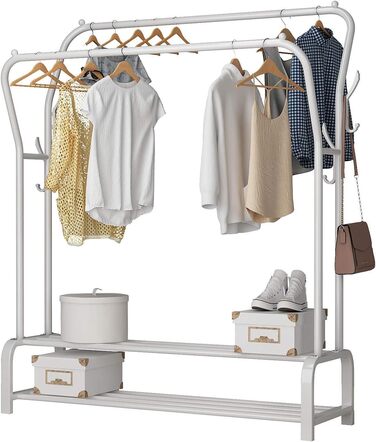 Стійка для одягу на підлозі з металу з полицею для взуття та нижньою полицею, для спальні. Металева стійка для одягу з подвійними вішалками (біла)