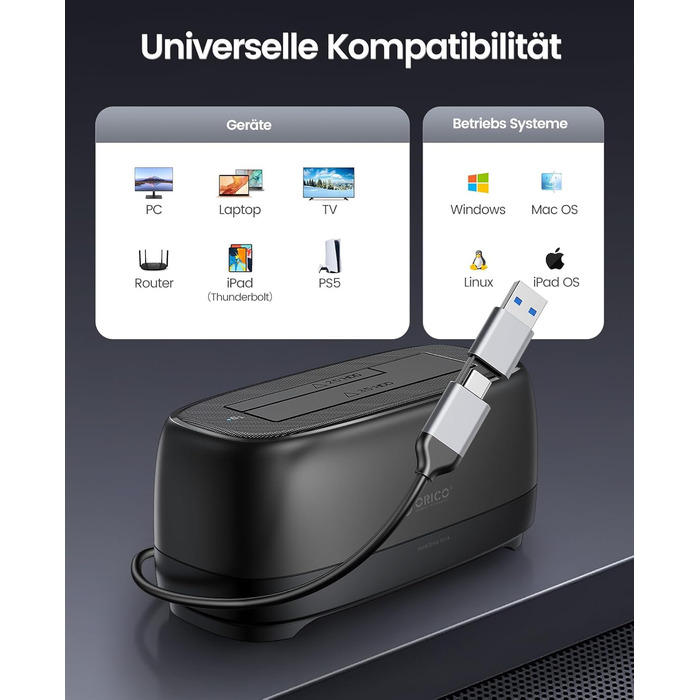 ORICO Док-станція для жорстких дисків, USB 3.2 Gen 1, для 2.5' та 3.5' HDD/SSD, підтримка UASP, 2 відсіки