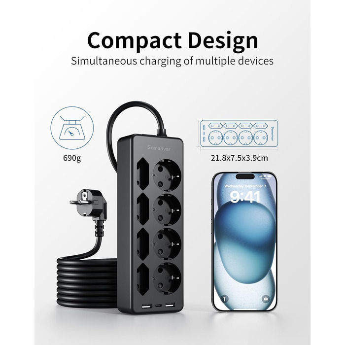 Мережевий фільтр Sameriver 8-фазний з захистом від перенапруги, 3 USB, вимикач, кабель 3M, чорний