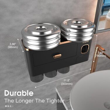 IHave Wall-Mounted Toothbrush Holder, Bathroom Toothbrush Holder with Toothpaste Dispenser, 3 Cup Toothbrush Holder with Drawer, Large Capacity Toothbrush Organizer Bathroom Black Gold