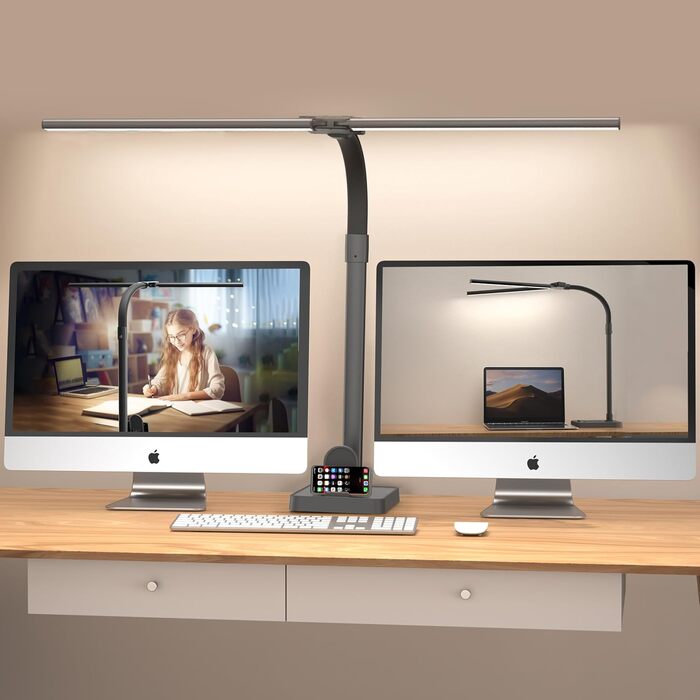 Світлодіодна лампа для столу Doppelkopf з регулюванням яскравості, 24W, 80см, для дому/офісу, денне світло, лампа для столу з шийкою-лебедем (чорна, з підставкою для телефону)