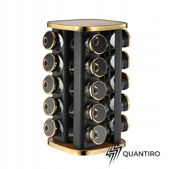 Обертовий органайзер для спецій Quantiro, 20 баночок, чорно-золотий