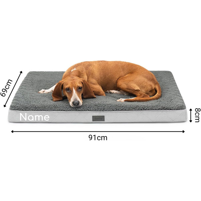 Ортопедичне ліжко для собак Lionto, 60x40x8 см, міцне лежання з м'яким плюшем, знімний та пральний чохол, водовідштовхувальне, підходить для собак та котів (L 91 x W 69 x H 8 см з нанесенням імені, сірий)