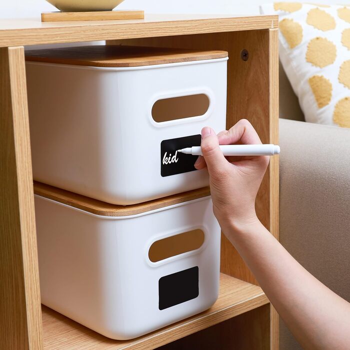 Kerhouze 2 PCS Storage Box with Bamboo Lid White Storage Plastic Box for Organization Stackable Storage Boxes with Handle for Kitchen Bathroom 38.4 * 27 * 15.2cm, 13L (2PACK 6.5L)
