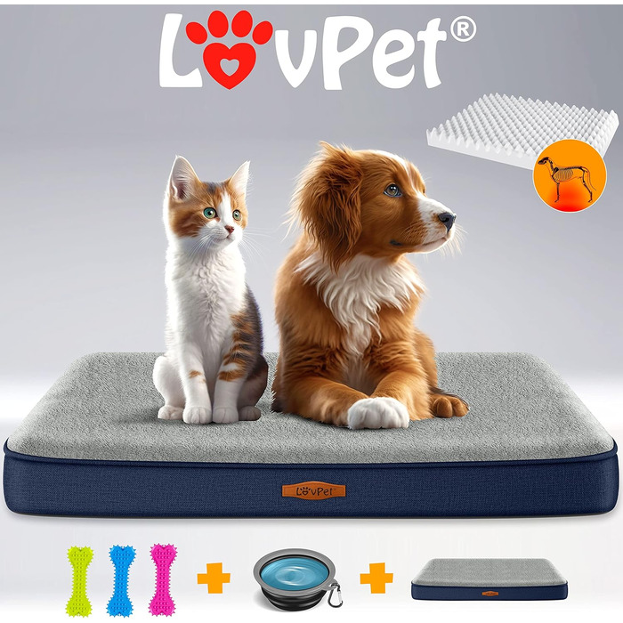 Lovpet® Orthopedic Dog Bed, Dog Cushion, Dog Basket Cookie, Incl. Bowl + 3X Chew Bones, Dog Sofa for Small, Medium & Large Dogs, Removable and Washable Cover, L 91x69x7.6 cm Anthracite (M (76 x 51 x 7.6 cm), Navy Blue / Light Grey)