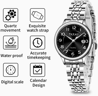 Жіночий годинник з арабськими цифрами, маленьке циферблат, Easy Read, з датою, з нержавіючої сталі, водонепроникний, сріблястий браслет, чорний циферблат (L8863G)