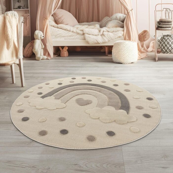 Дитячий килим TT Home для кімнати, ігровий, короткий ворс, сонце, 3D, пухнастий, темно-бежевий/кремовий, круглий 120 см