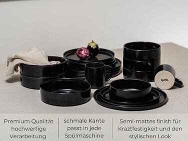 Igunja Stoneware Dinnerware Set - 12 Piece Set for 4 People | Reactive Glaze | Matte Black Dinner Set (Handmade, Premium Quality)