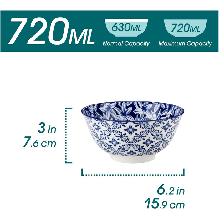 Набір мюслі-тарілок Vancasso Selene (6 шт.) з порцеляни, 720 мл – блакитно-білі керамічні тарілки для мюслі, салату, супу, рамену, фруктів та десерту