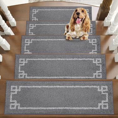 Килимочки на сходи BEQHAUSE, комплект 15 шт. Самоклеючі килимки на сходи для дітей, літніх людей та домашніх тварин, 100% поліестер, TPE-підкладка, 22x70 см (Сірий)