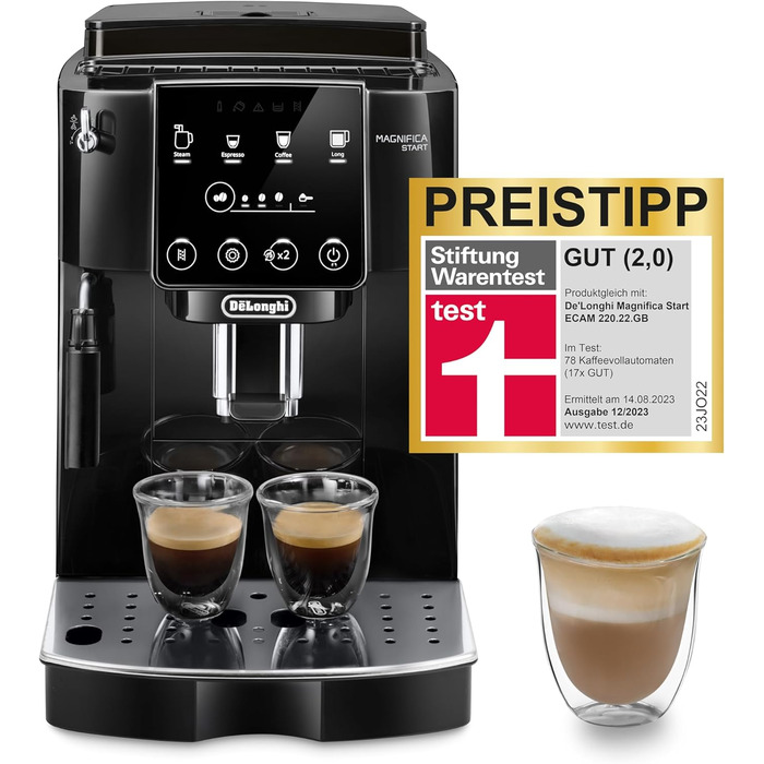De'Longhi Magnifica Start ECAM222.20.B, fully automatic coffee machine with milk frother, for cappuccino, with espresso direct selection and 2x espresso function, 13-stage conical grinder, 1450 W, Black. Fully automatic coffee machine with touch display.
