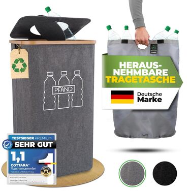 Deposit bottle collection container with lid and carrying bag | Deposit container with holes, rotatable | Ideal deposit bottle storage, empty container collection container, bottle collector (Gray)