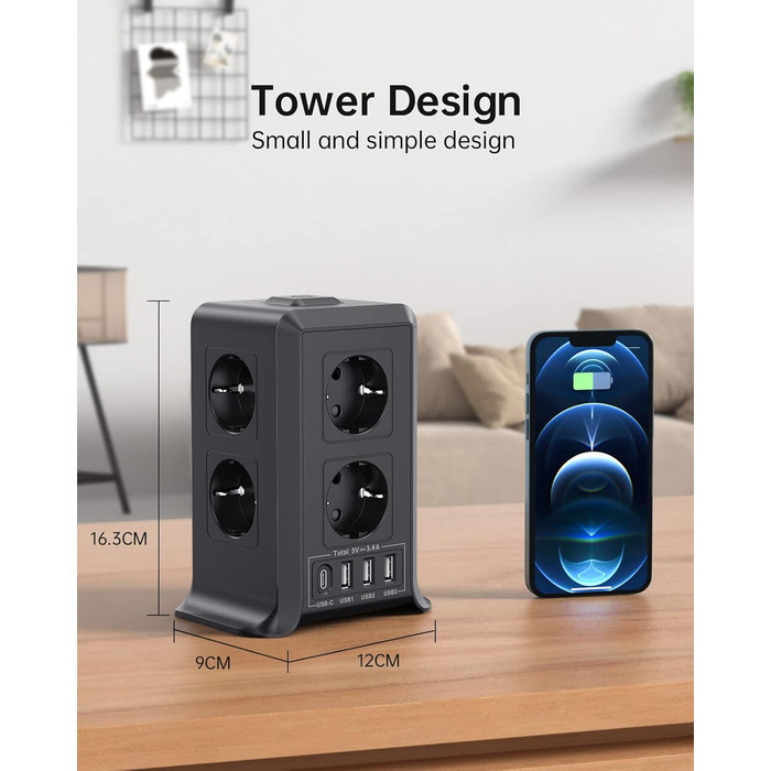 Багаторозкладна мережева панель Sameriver 8-fach з вимикачем, 4 USB, захист від перенапруги, 2м кабель, чорний