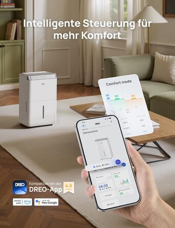 Dreo Електричний осушувач повітря 20л/24г - для приміщень 37 м², енергозберігаючий, тихий, з керуванням через App & Alexa, 3 режими, таймер, регулювання вологості, з відводом води, для спальні та ванної кімнати, білий