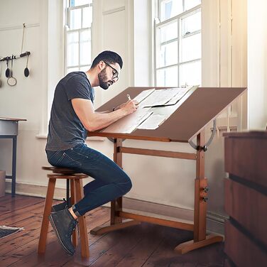 VISWIN Adjustable Art Drawing Table - Large Wooden Easel for Artists - Height & Tilt Adjustable, Solid Pine Wood, Studio Painting Table, Walnut Finish
