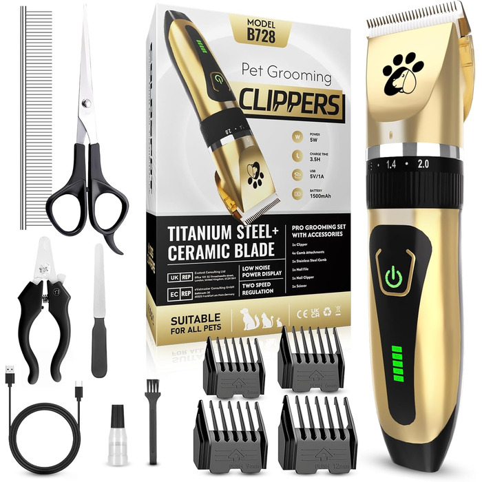 Професійна машинка для стрижки собак та котів Leise, електрична бездротова, 2 швидкості (Золота)