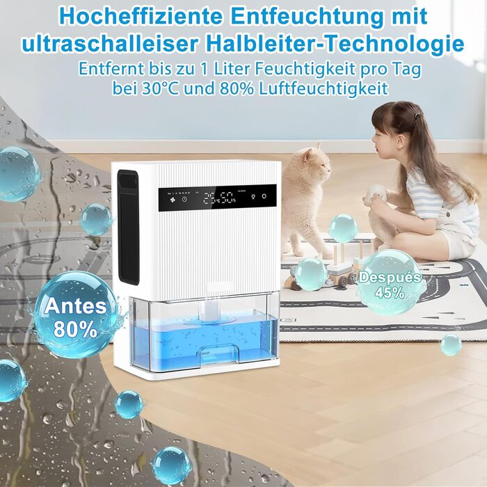 Електричний осушувач повітря 3000 мл з LED-дисплеєм, тихий осушувач для дому, ідеальний для квартири, ванної кімнати, підвалу, з автоматичним вимкненням та кольоровою нічною підсвіткою