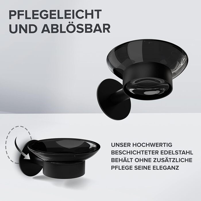 ovimar Soap Dish Netherlands | with wall mounting bracket | stainless steel | black | drill-free | removable glass for the bathroom or kitchen as a soap holder for storage