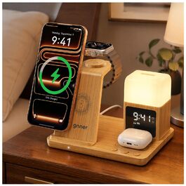 Зарядна станція 6-в-1 Augnner для iPhone 17/16/15/14/13/12/11 Pro/Max/Plus, Apple Watch, AirPods з нічником та будильником, жовта