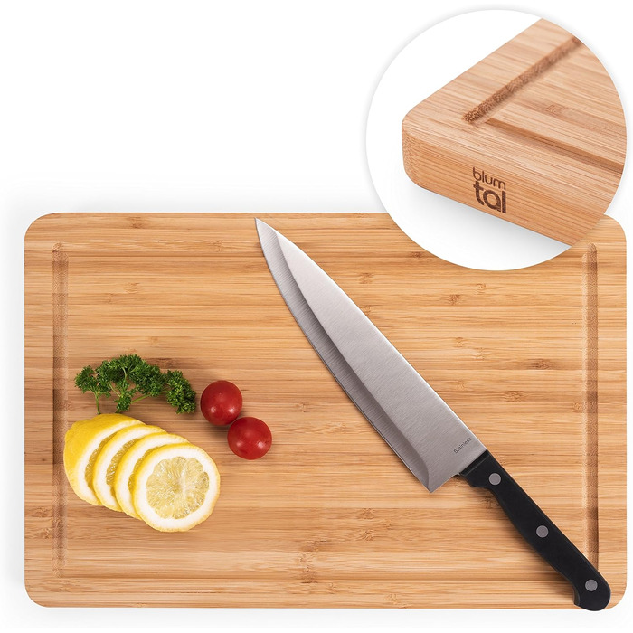 Blumtal Cutting Board Wood made from 100% Bamboo L - 2cm thick wooden board antibacterial - solid cutting board with juice groove - wooden cutting board 38x25x2cm - Alternative to plastic cutting board