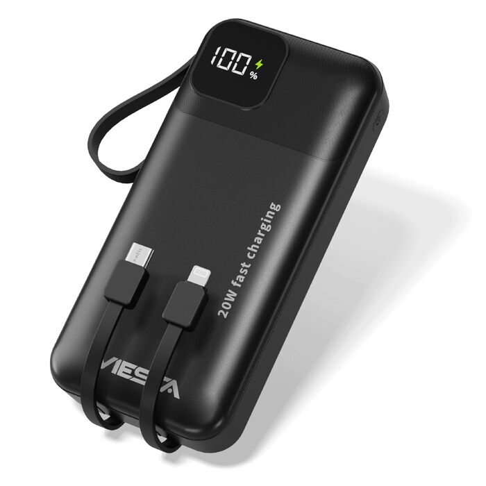 Універсальний повербанк All-IN-ONE 10000 mAh чорний: швидка зарядка 22.5W, PD 20W, бездротова зарядка 15W, зарядка для Apple Watch, вбудовані кабелі USB-C та Lightning, LED-дисплей, алюмінієва підставка