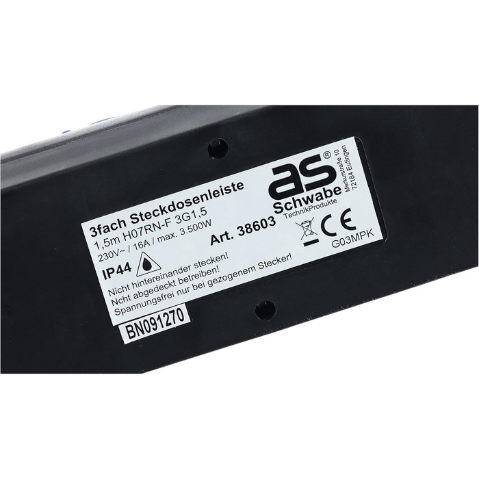 Розподільник розеток Schwabe 3-fach з вимикачем, заземленням, кришкою, 1.5 м, для зовнішнього використання, 230V, 16A, IP44, чорний, синій