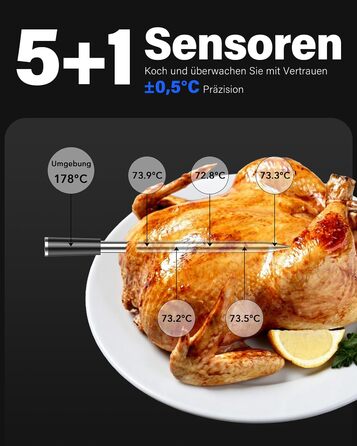 Термометр для гриля та духовки BFOUR WiFi Bluetooth з 6 датчиками, IP67, 2600mAh, керування через додаток