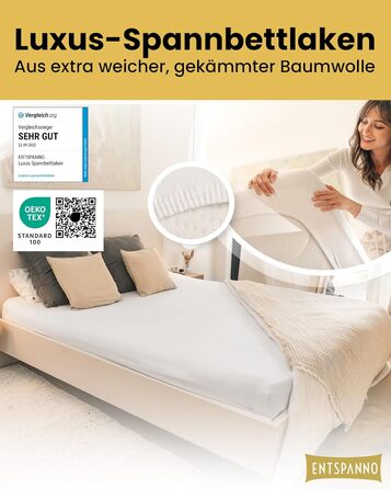 ENTSPANNO Luxury Fitted Sheet 180 x 200 to 200 x 220 cm - Made from soft premium jersey - Ideal for water and box spring beds up to 35cm height - White