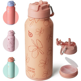 BOTTLE BOTTLE Stainless Steel Drinking Bottle 1L with Straw – Leak-Proof Insulated Bottle for Sports & Gym, with Pill Compartment, BPA-Free, Double-Walled (Yellow Flowers)