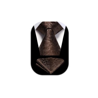 Краватка для чоловіків HISDERN з кишеньковим хустинкою, патерн пейслі, формальний стиль, класична краватка та хустинка, колір: коричневий