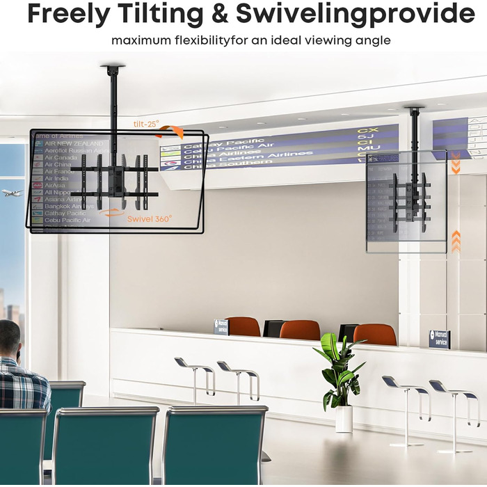Adjustable & Tilting TV Ceiling Mount - Full Motion, VESA 600x400, Up to 86 Inch TVs, 60kg Weight Capacity
