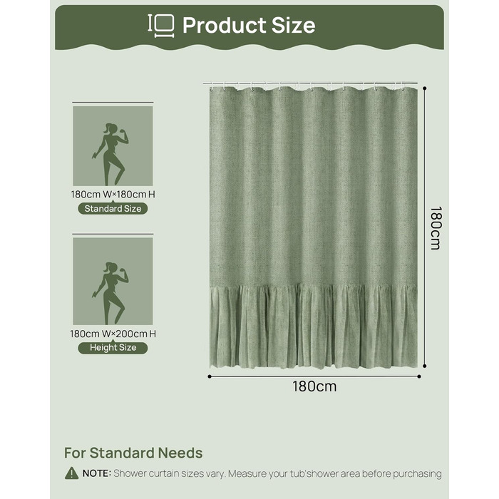 Штора для душу 180x180 см льон, зелена – водонепроникна, з антигрибковим покриттям та утяжеленим краєм, з кільцями (1 шт)